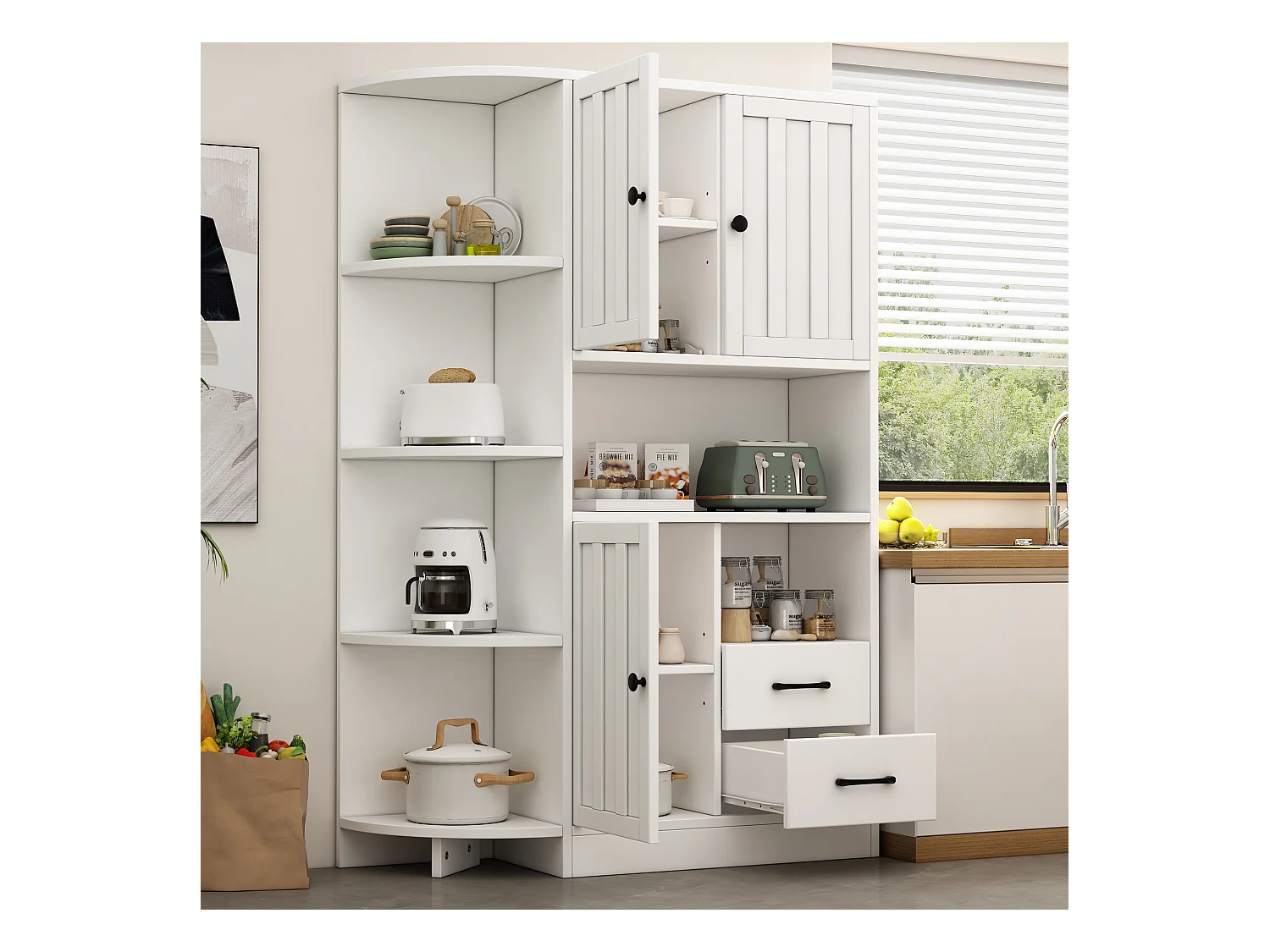 Buffet haut d'angle - 104 x 35 x 155 cm - avec 3 armoires + 2 tiroirs + étagères - aggloméré - blanc