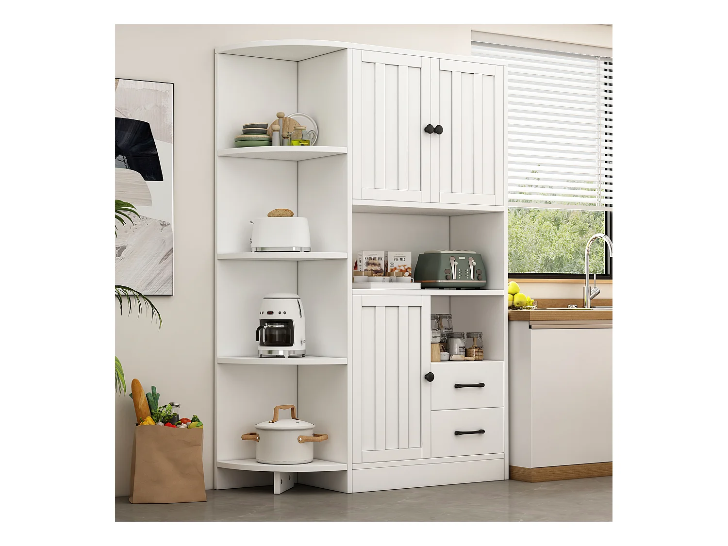 Buffet haut d'angle - 104 x 35 x 155 cm - avec 3 armoires + 2 tiroirs + étagères - aggloméré - blanc