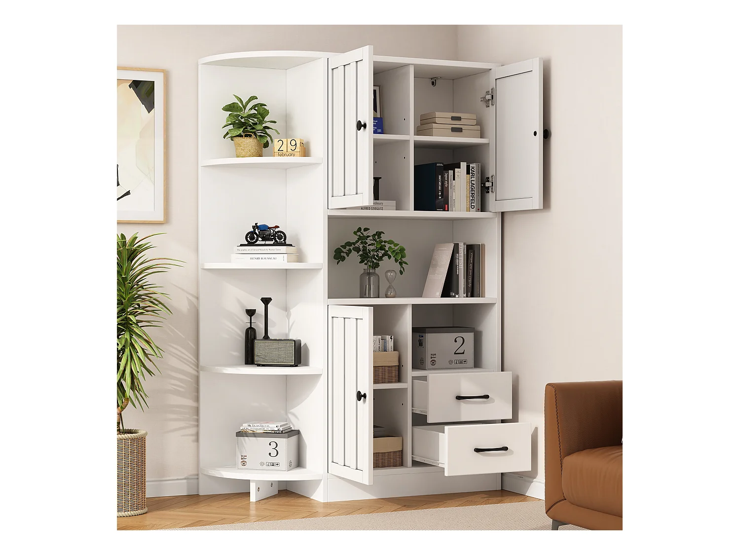 Buffet haut d'angle - 104 x 35 x 155 cm - avec 3 armoires + 2 tiroirs + étagères - aggloméré - blanc