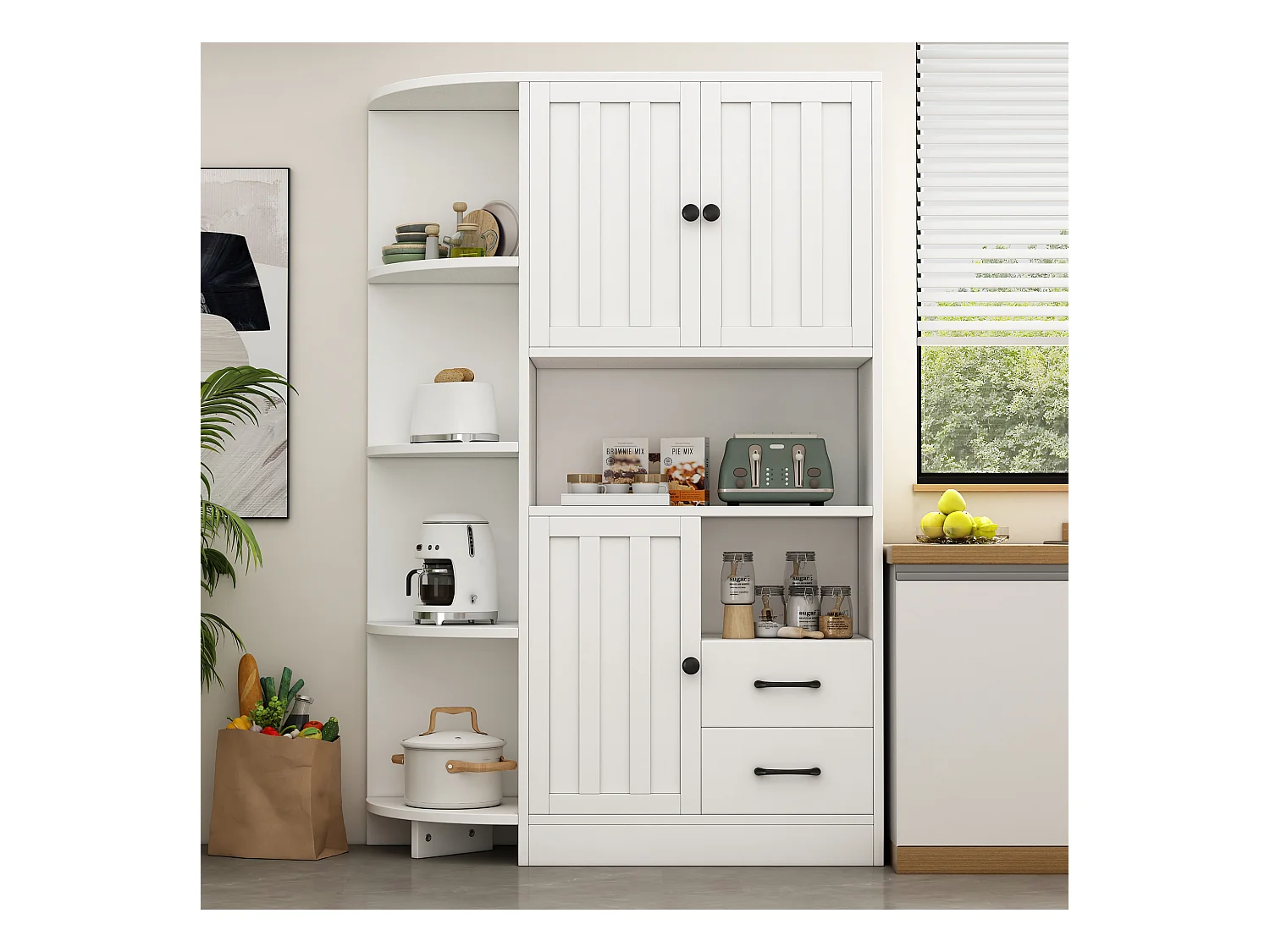 Buffet haut d'angle - 104 x 35 x 155 cm - avec 3 armoires + 2 tiroirs + étagères - aggloméré - blanc