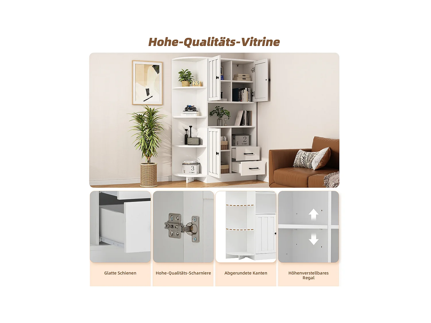 Buffet haut d'angle - 104 x 35 x 155 cm - avec 3 armoires + 2 tiroirs + étagères - aggloméré - blanc