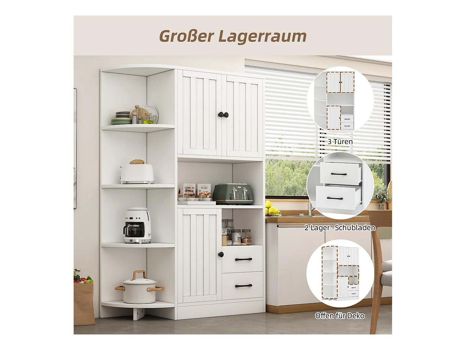 Buffet haut d'angle - 104 x 35 x 155 cm - avec 3 armoires + 2 tiroirs + étagères - aggloméré - blanc