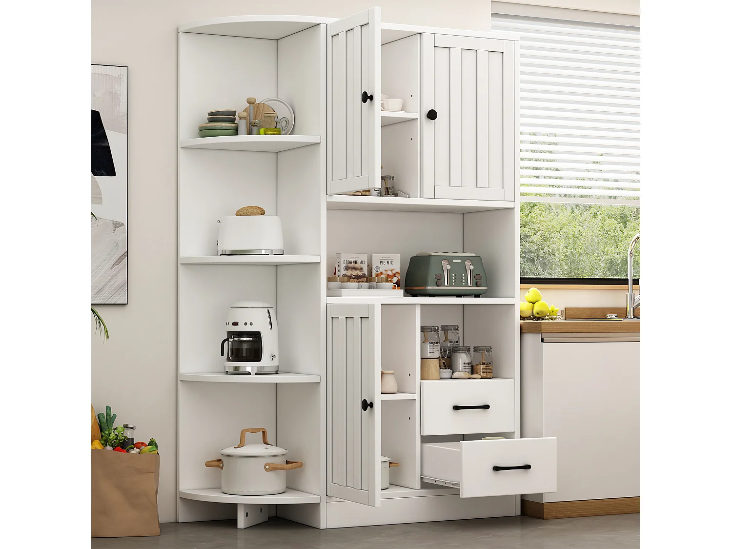 Buffet haut d'angle - 104 x 35 x 155 cm - avec 3 armoires + 2 tiroirs + étagères - aggloméré - blanc