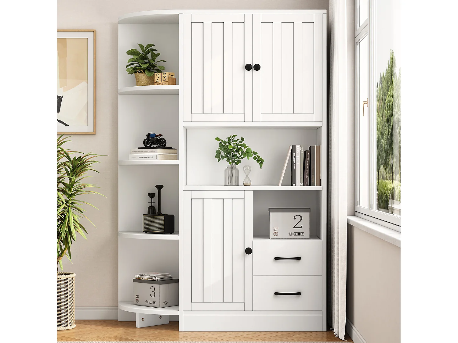 Buffet haut d'angle - 104 x 35 x 155 cm - avec 3 armoires + 2 tiroirs + étagères - aggloméré - blanc