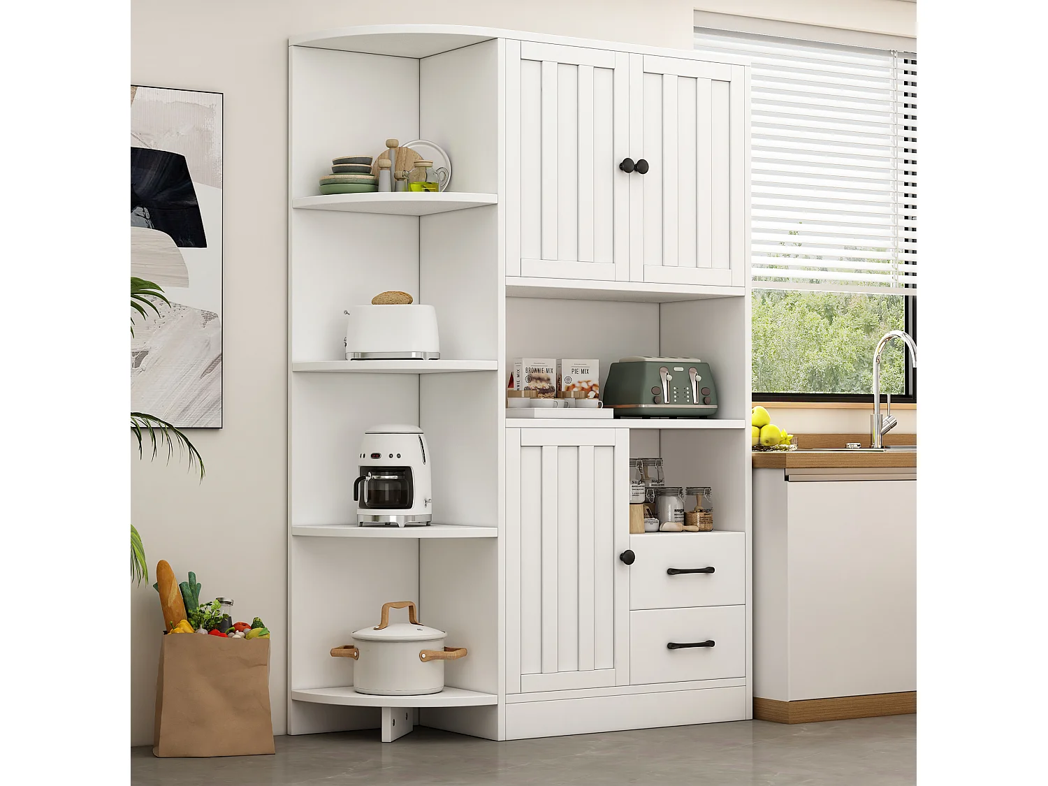 Buffet haut d'angle - 104 x 35 x 155 cm - avec 3 armoires + 2 tiroirs + étagères - aggloméré - blanc