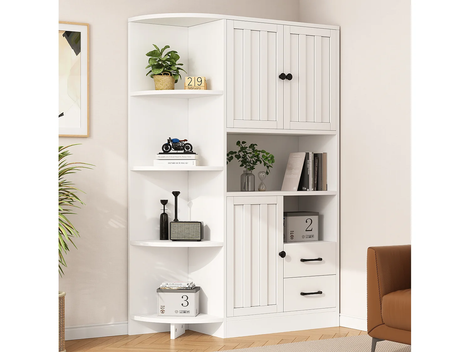 Buffet haut d'angle - 104 x 35 x 155 cm - avec 3 armoires + 2 tiroirs + étagères - aggloméré - blanc