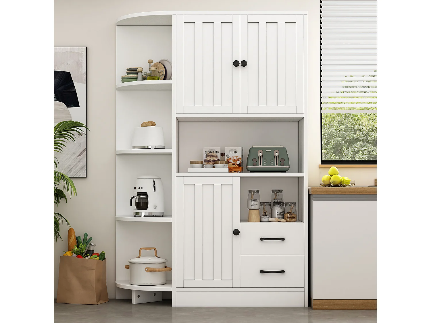 Buffet haut d'angle - 104 x 35 x 155 cm - avec 3 armoires + 2 tiroirs + étagères - aggloméré - blanc