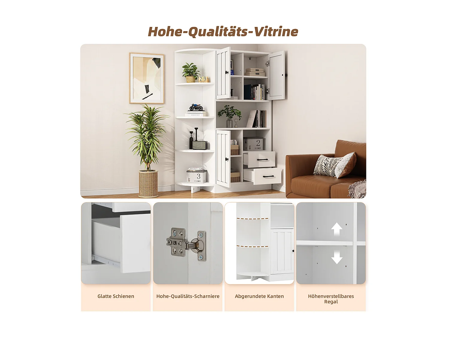 Buffet haut d'angle - 104 x 35 x 155 cm - avec 3 armoires + 2 tiroirs + étagères - aggloméré - blanc