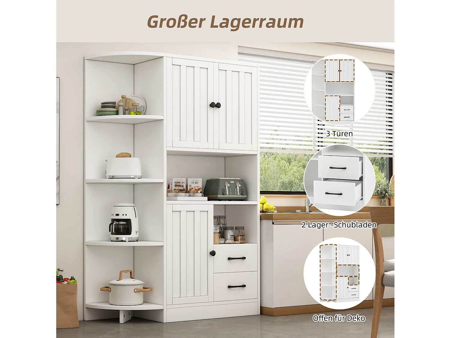 Buffet haut d'angle - 104 x 35 x 155 cm - avec 3 armoires + 2 tiroirs + étagères - aggloméré - blanc