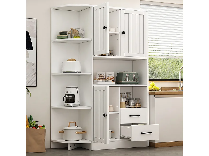 Hohes Eck-Sideboard - 104 x 35 x 155 cm - mit 3 Schränken + 2 Schubladen + Regalen - Spanplatte - Weiß