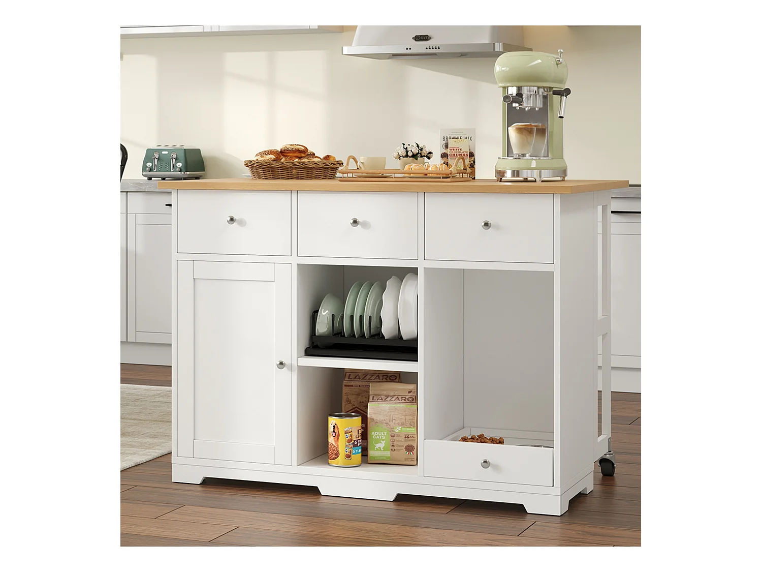 Îlot central cuisine - 120 x 70 x 90 cm - avec 3 tiroirs + 1 porte + coin repas pour animaux - MDF - blanc