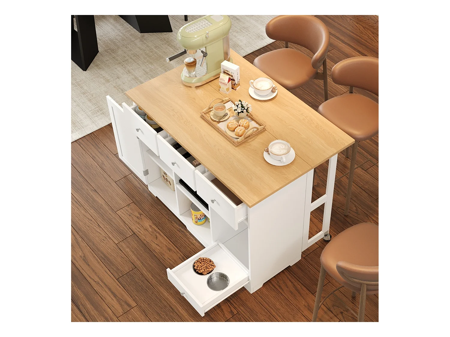 Îlot central cuisine - 120 x 70 x 90 cm - avec 3 tiroirs + 1 porte + coin repas pour animaux - MDF - blanc