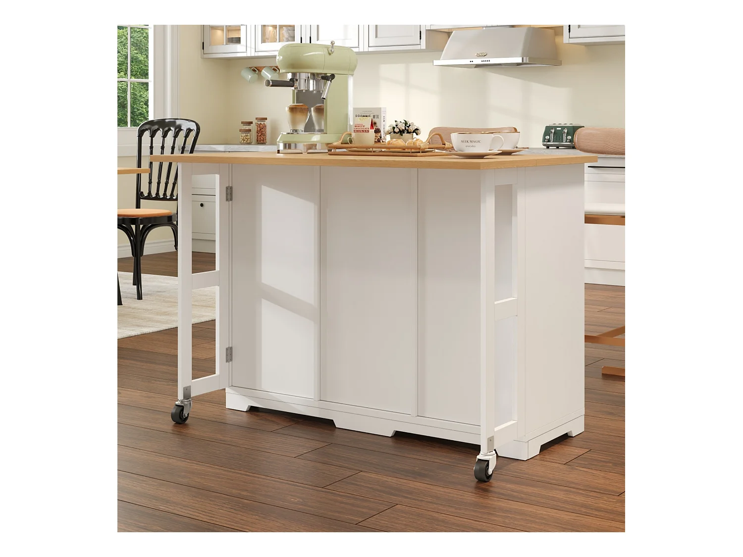 Îlot central cuisine - 120 x 70 x 90 cm - avec 3 tiroirs + 1 porte + coin repas pour animaux - MDF - blanc