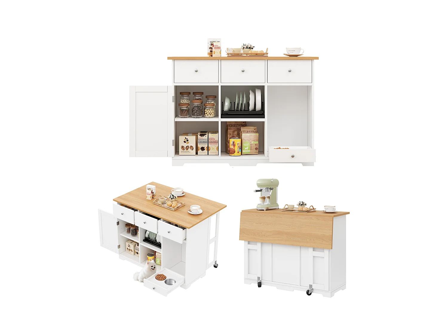 Îlot central cuisine - 120 x 70 x 90 cm - avec 3 tiroirs + 1 porte + coin repas pour animaux - MDF - blanc