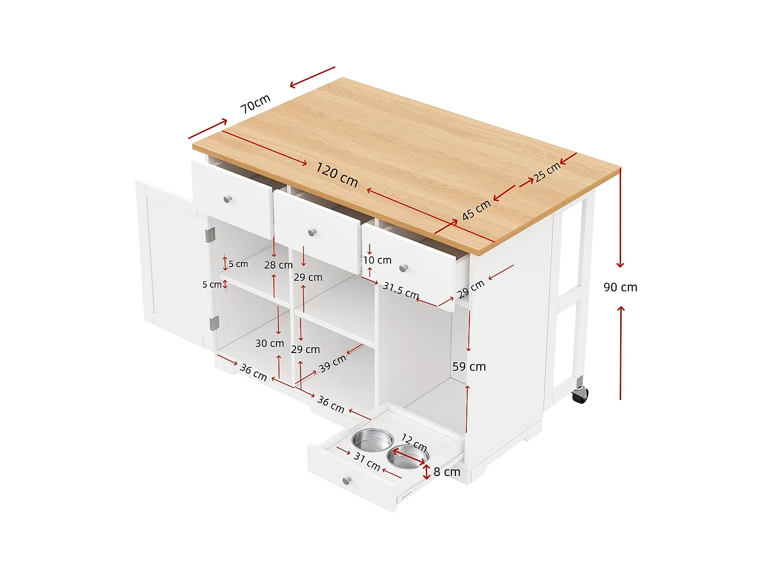 Îlot central cuisine - 120 x 70 x 90 cm - avec 3 tiroirs + 1 porte + coin repas pour animaux - MDF - blanc