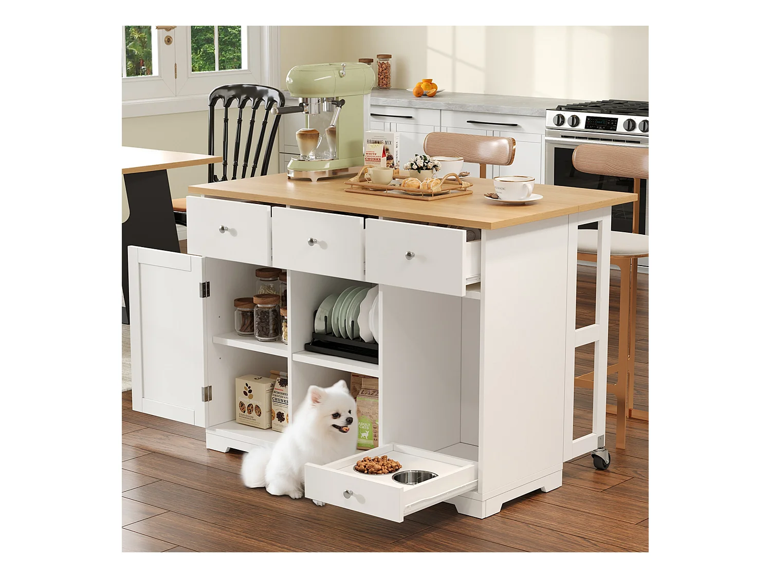 Îlot central cuisine - 120 x 70 x 90 cm - avec 3 tiroirs + 1 porte + coin repas pour animaux - MDF - blanc
