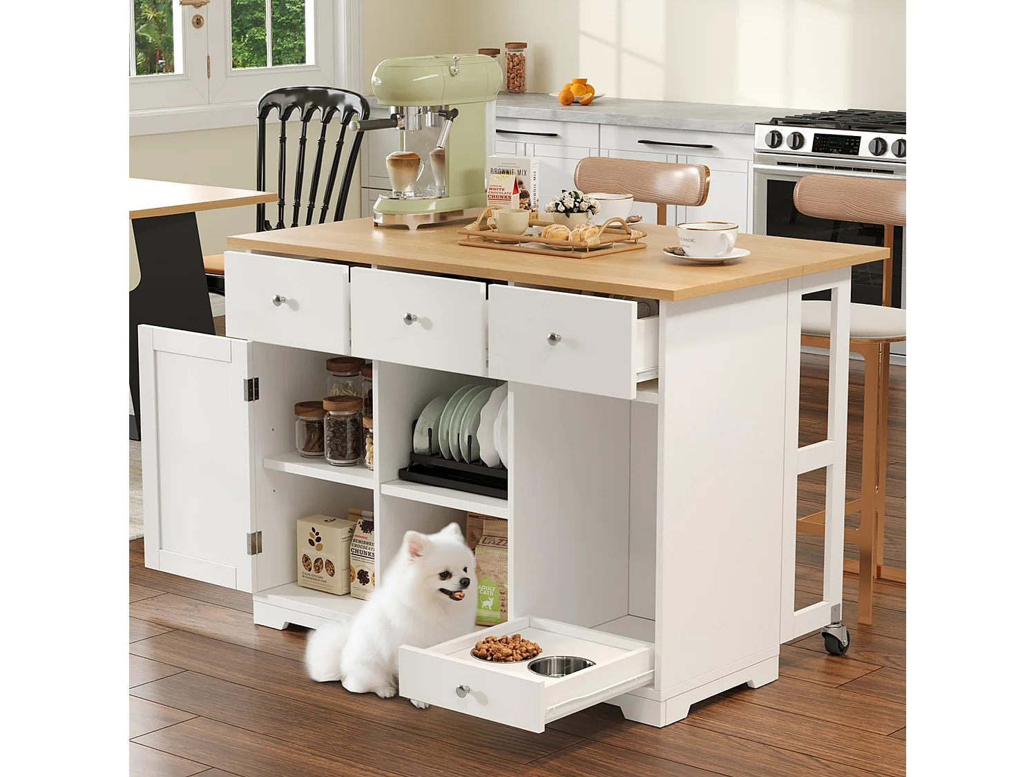 Keukeneiland - 120 x 70 x 90 cm - met 3 laden + 1 deur + eetgedeelte - MDF - wit