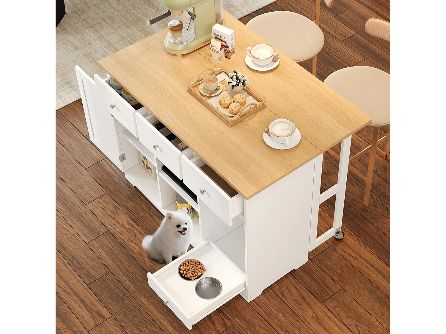 Keukeneiland - 120 x 70 x 90 cm - met 3 laden + 1 deur + eetgedeelte - MDF - wit