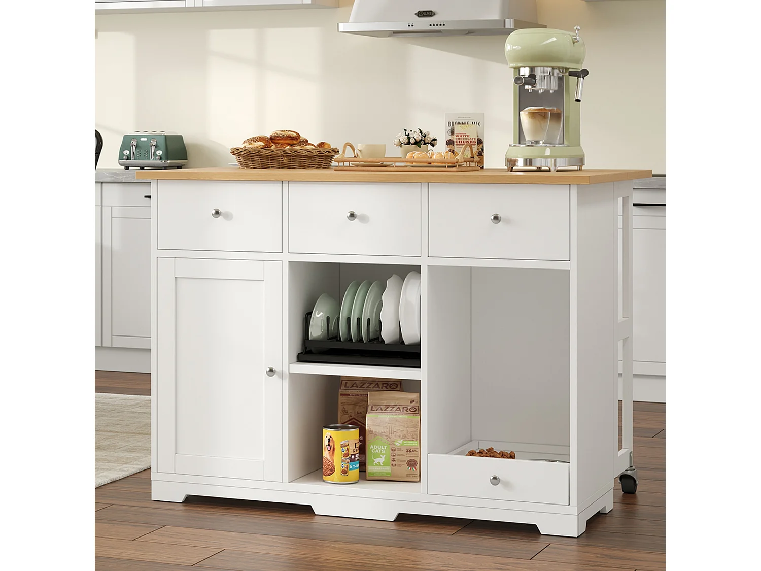 Keukeneiland - 120 x 70 x 90 cm - met 3 laden + 1 deur + eetgedeelte - MDF - wit