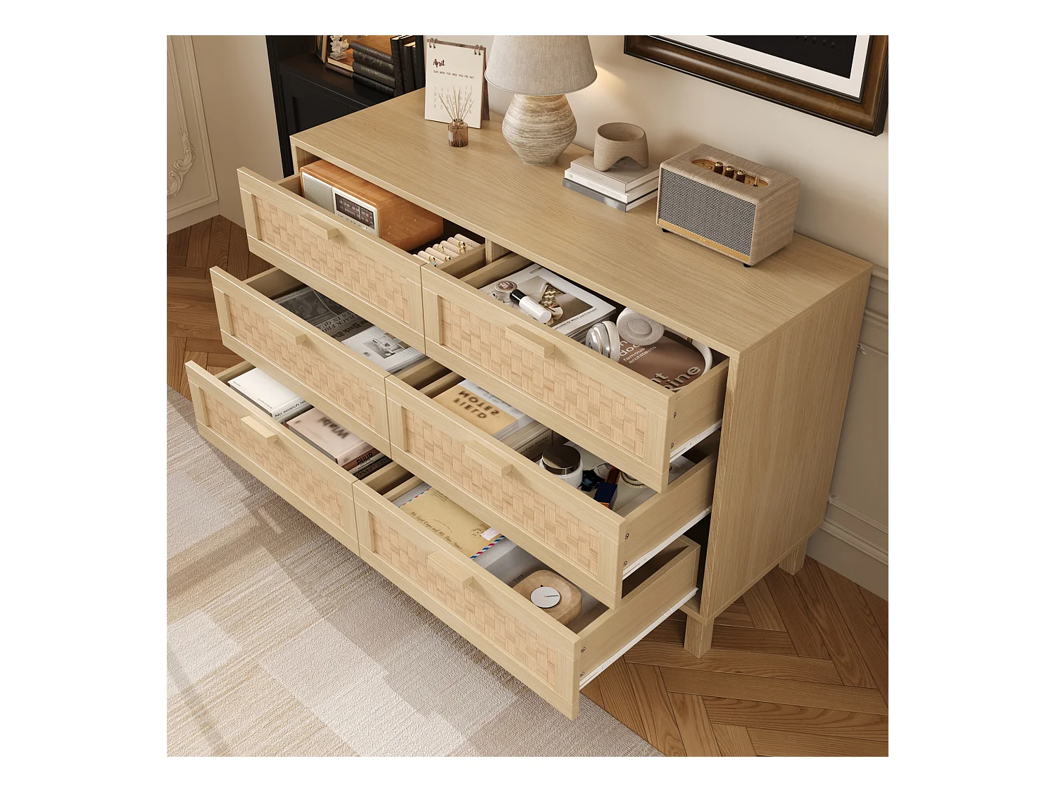 Buffet et commode avec 6 tiroirs - 120 x 40 x 75 cm - tiroirs aspect rotin - aggloméré - naturel