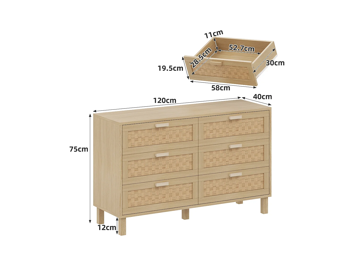 Buffet et commode avec 6 tiroirs - 120 x 40 x 75 cm - tiroirs aspect rotin - aggloméré - naturel