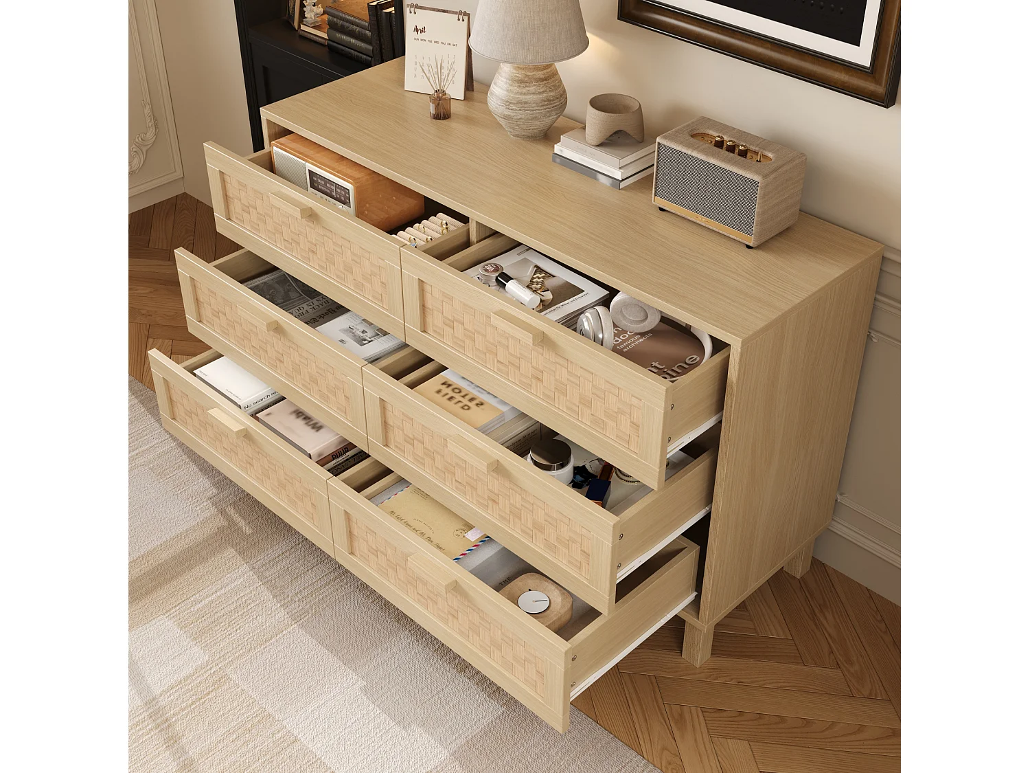 Buffet et commode avec 6 tiroirs - 120 x 40 x 75 cm - tiroirs aspect rotin - aggloméré - naturel