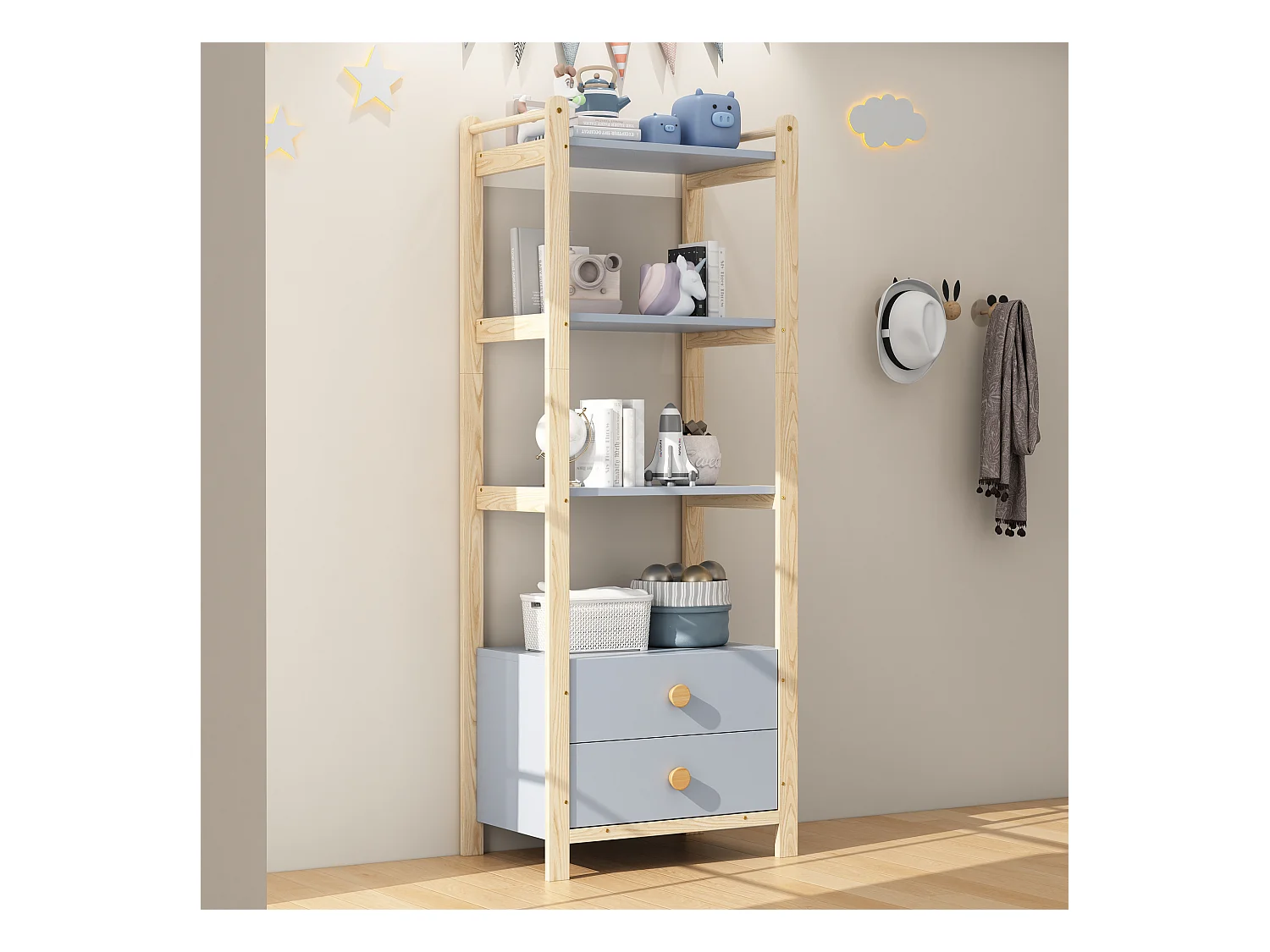 Étagère autoportante - 70 x 44 x 180 cm - avec 2 tiroirs - bibliothèque à 4 niveaux - bois - naturel + bleu