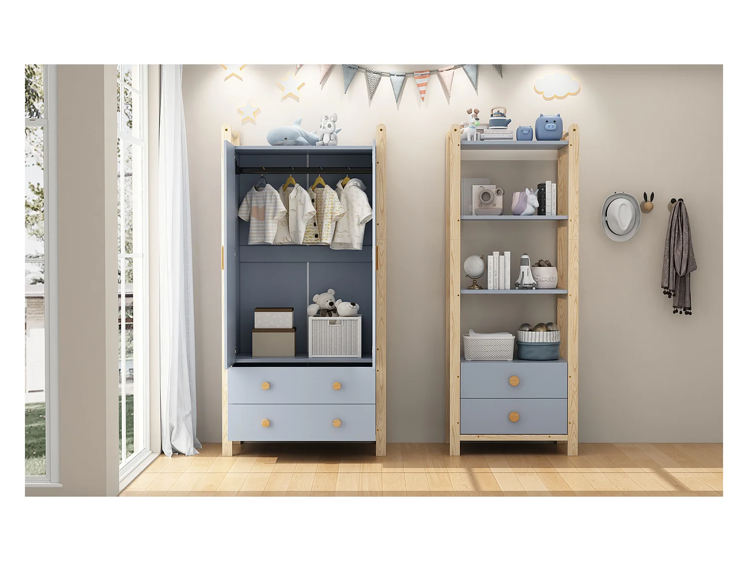 Étagère autoportante - 70 x 44 x 180 cm - avec 2 tiroirs - bibliothèque à 4 niveaux - bois - naturel + bleu