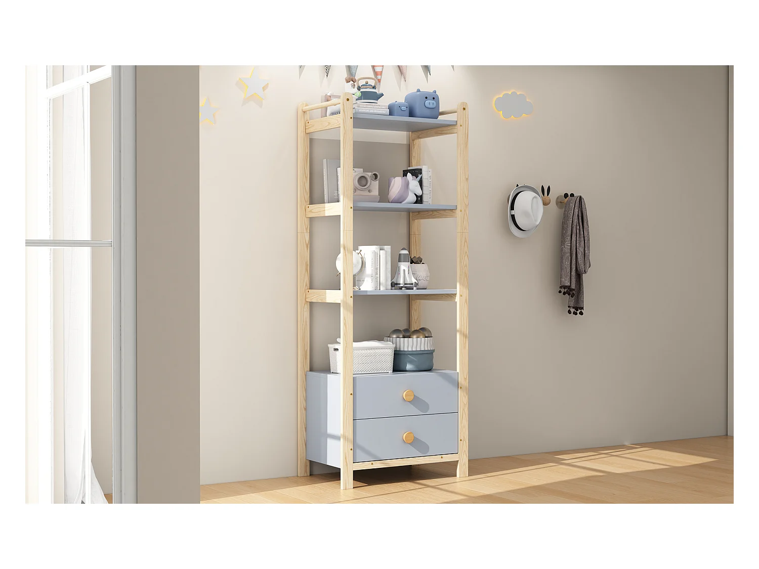 Étagère autoportante - 70 x 44 x 180 cm - avec 2 tiroirs - bibliothèque à 4 niveaux - bois - naturel + bleu