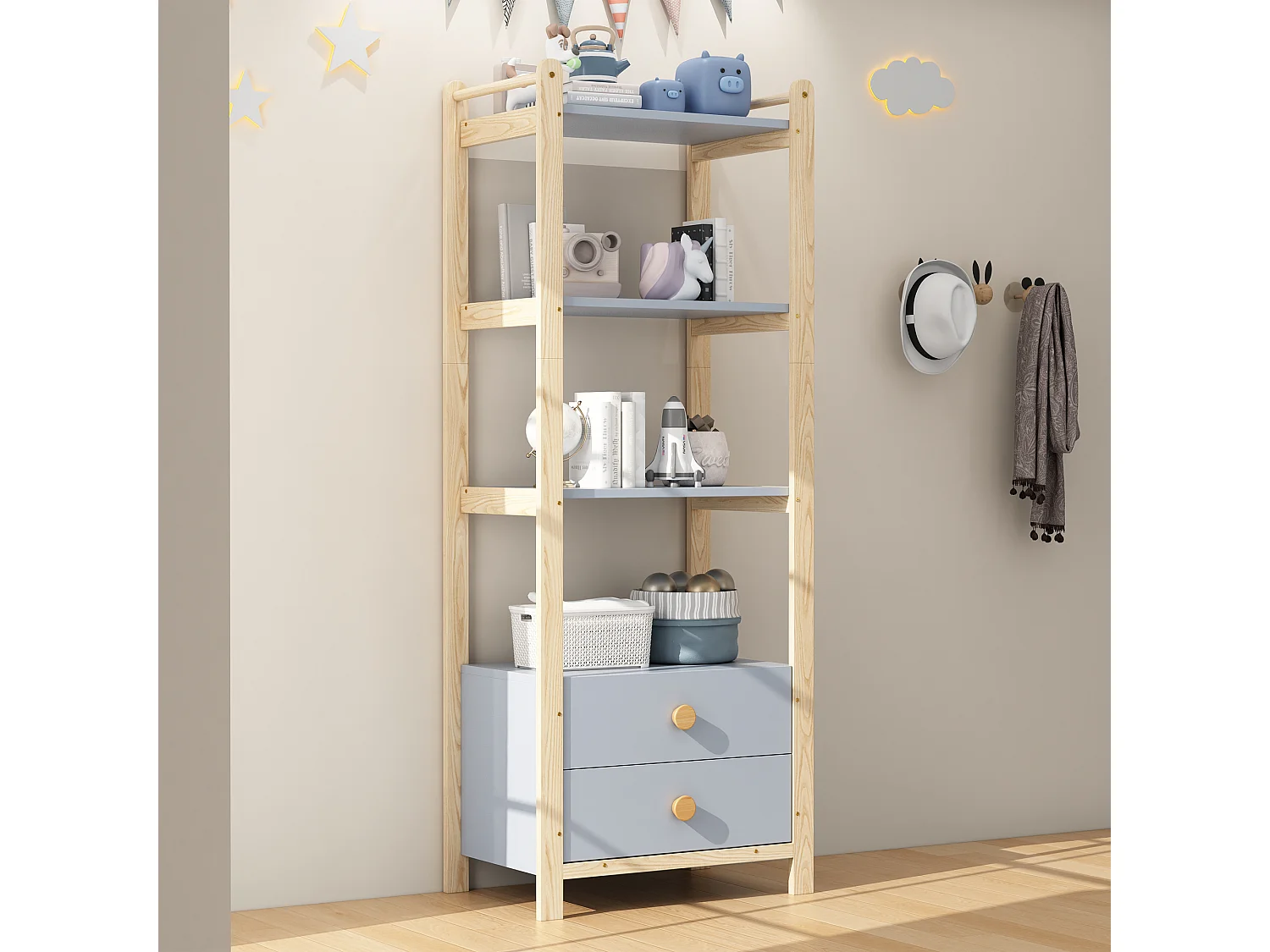 Étagère autoportante - 70 x 44 x 180 cm - avec 2 tiroirs - bibliothèque à 4 niveaux - bois - naturel + bleu