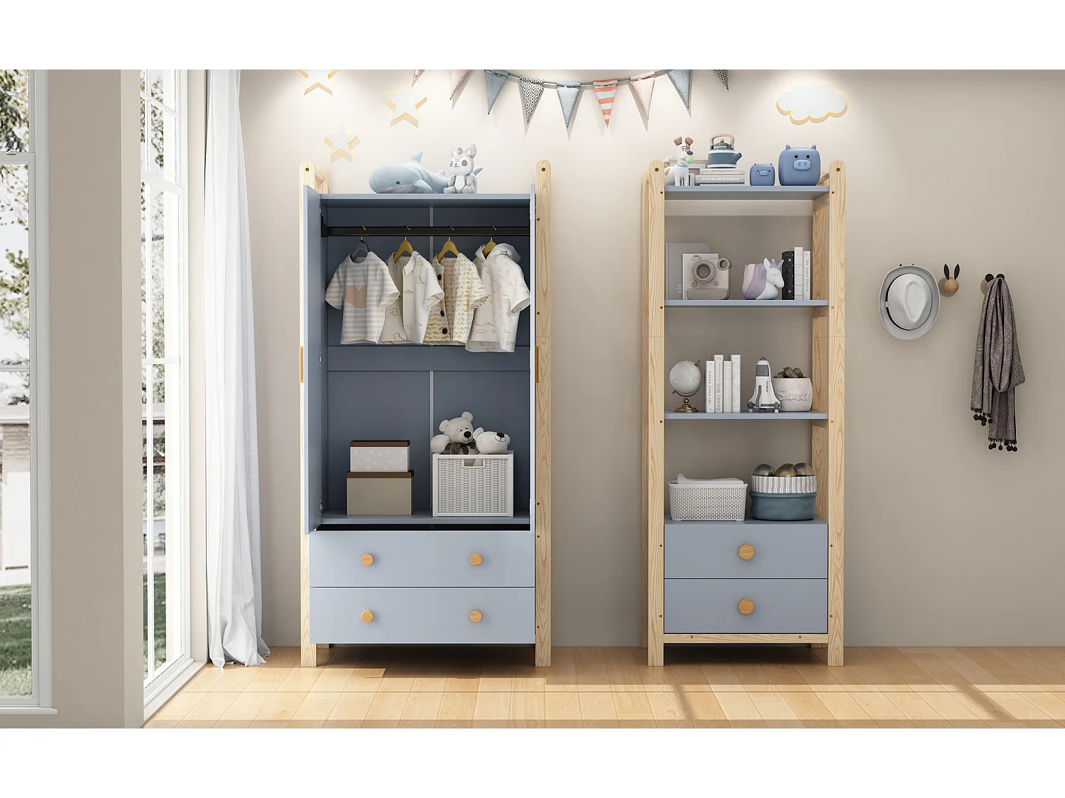 Étagère autoportante - 70 x 44 x 180 cm - avec 2 tiroirs - bibliothèque à 4 niveaux - bois - naturel + bleu