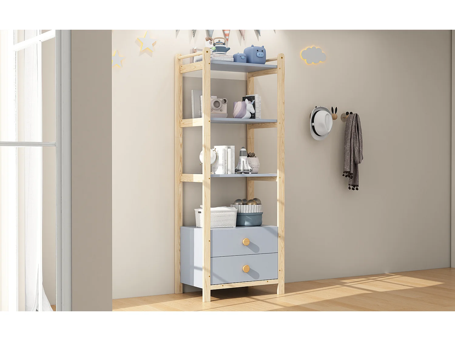 Étagère autoportante - 70 x 44 x 180 cm - avec 2 tiroirs - bibliothèque à 4 niveaux - bois - naturel + bleu