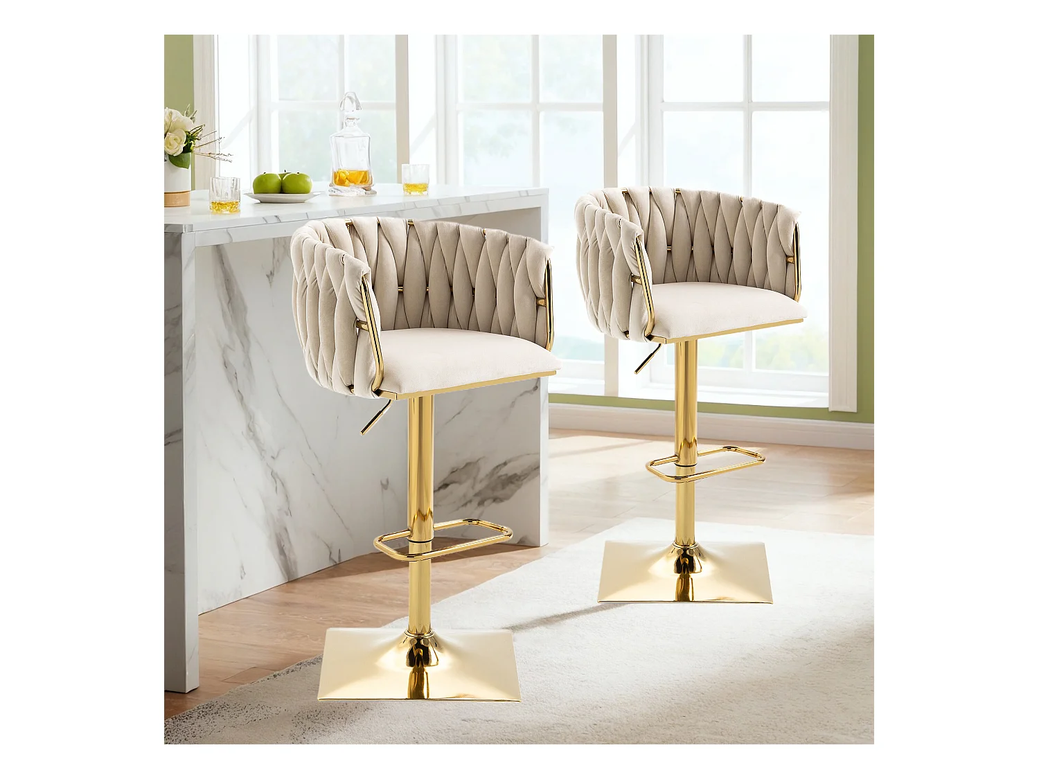 Lot de 2 tabourets de bar avec dossier et repose-pieds - 53 x 51 x 87/105 - hauteur réglable - velours - ivoire
