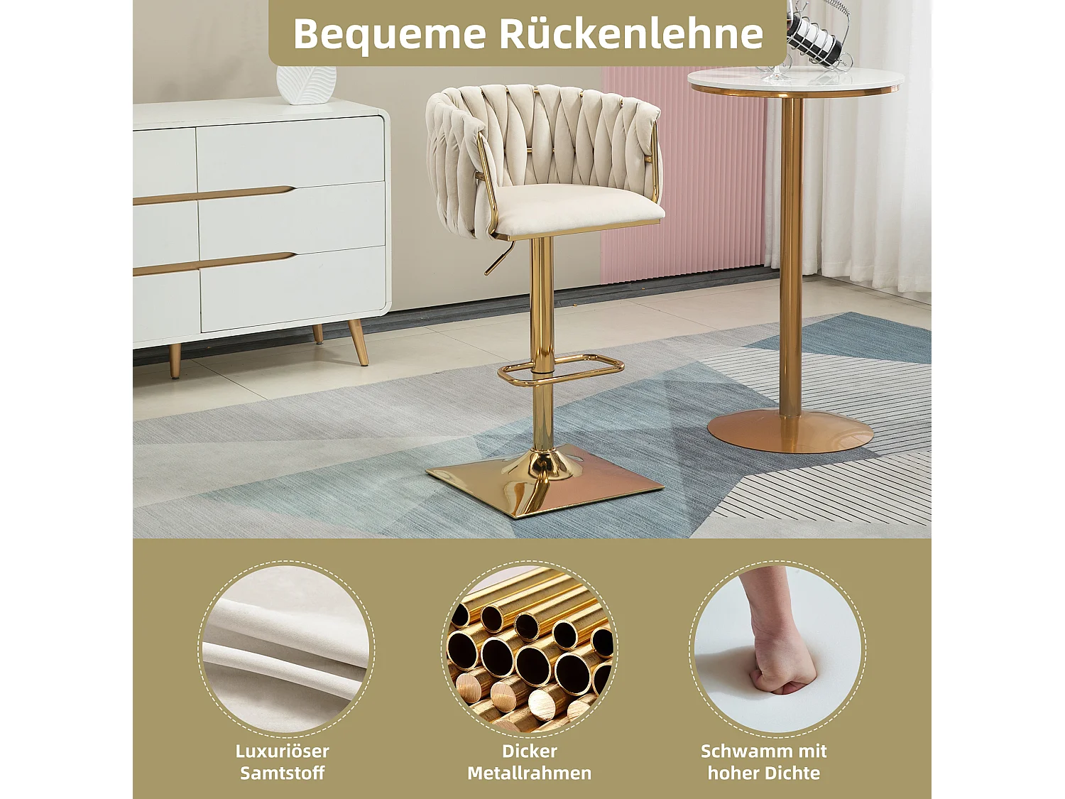 Lot de 2 tabourets de bar avec dossier et repose-pieds - 53 x 51 x 87/105 - hauteur réglable - velours - ivoire