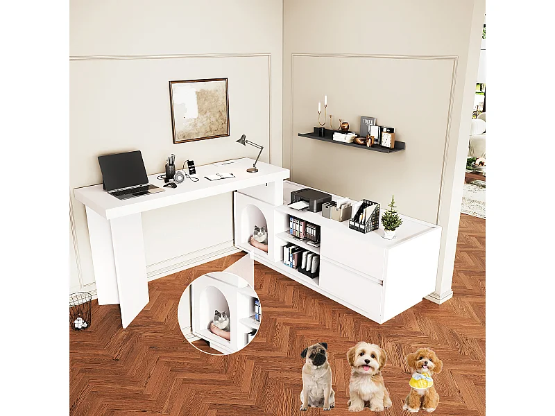 Bureau avec niche intégrée - 120 x 50 x 75 cm - en L ou droite - avec 2 tiroirs - MDF - blanc