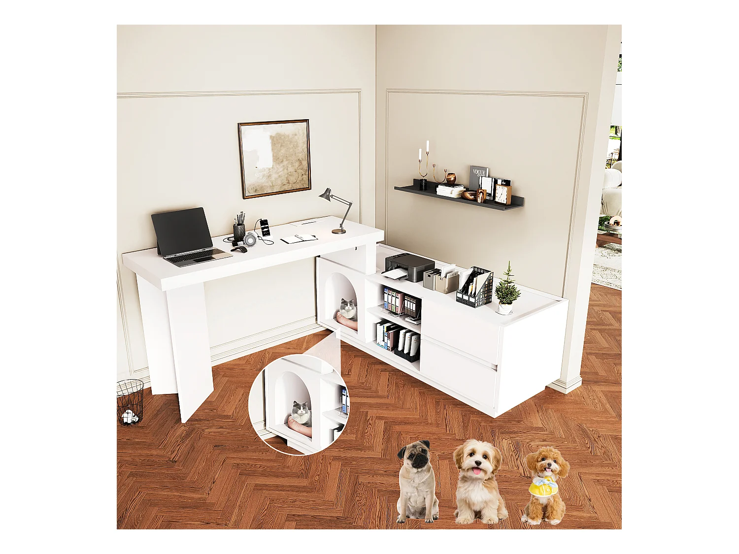 Bureau avec niche intégrée - 120 x 50 x 75 cm - en L ou droite - avec 2 tiroirs - MDF - blanc