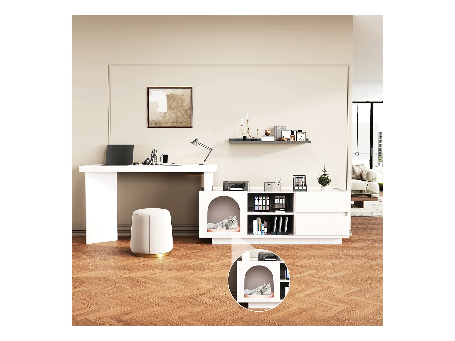 Bureau avec niche intégrée - 120 x 50 x 75 cm - en L ou droite - avec 2 tiroirs - MDF - blanc