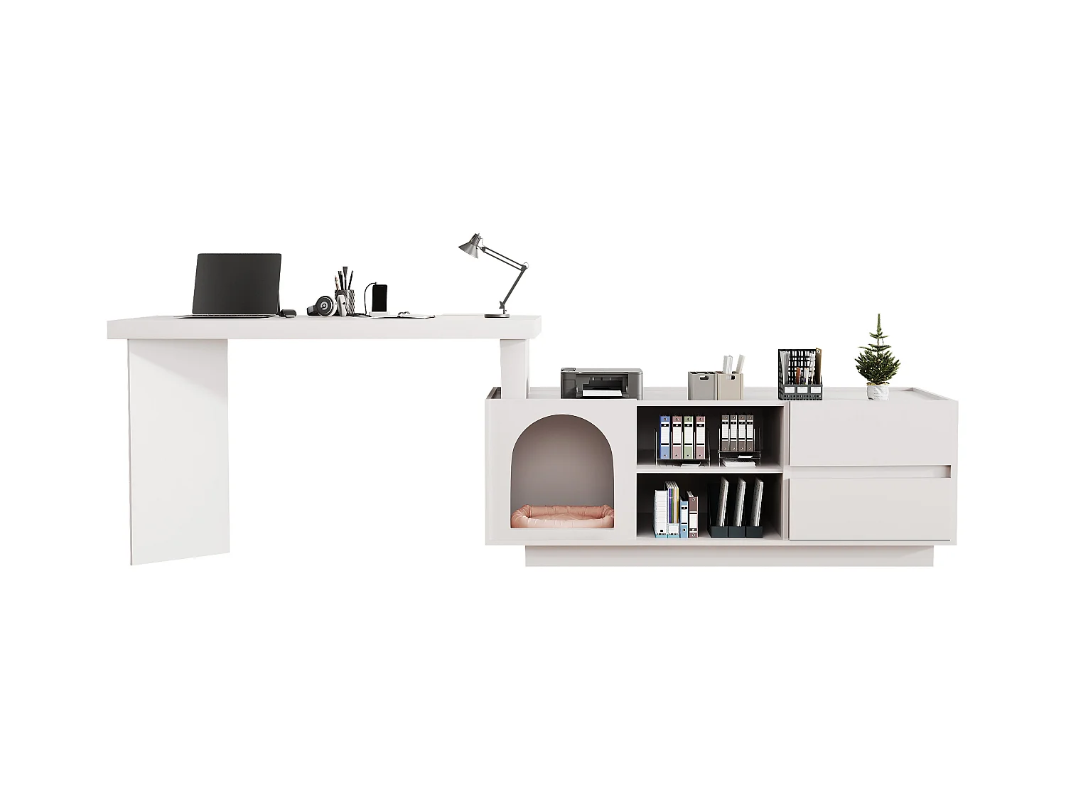 Bureau avec niche intégrée - 120 x 50 x 75 cm - en L ou droite - avec 2 tiroirs - MDF - blanc