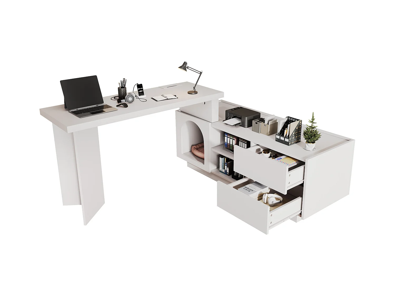 Bureau avec niche intégrée - 120 x 50 x 75 cm - en L ou droite - avec 2 tiroirs - MDF - blanc
