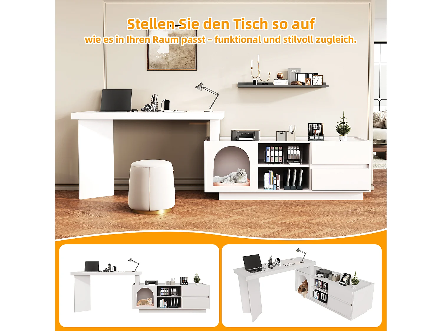 Bureau avec niche intégrée - 120 x 50 x 75 cm - en L ou droite - avec 2 tiroirs - MDF - blanc