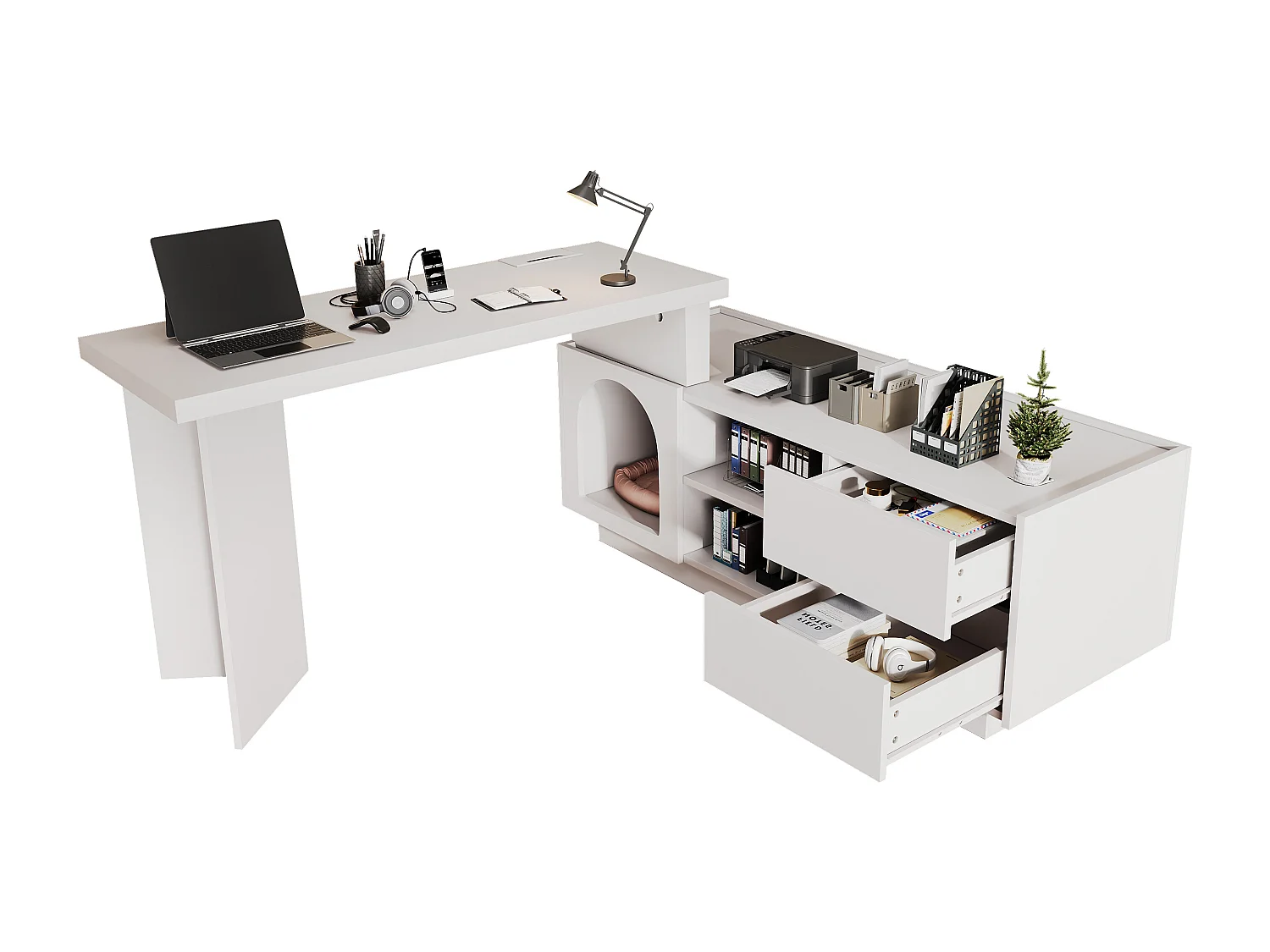 Bureau avec niche intégrée - 120 x 50 x 75 cm - en L ou droite - avec 2 tiroirs - MDF - blanc