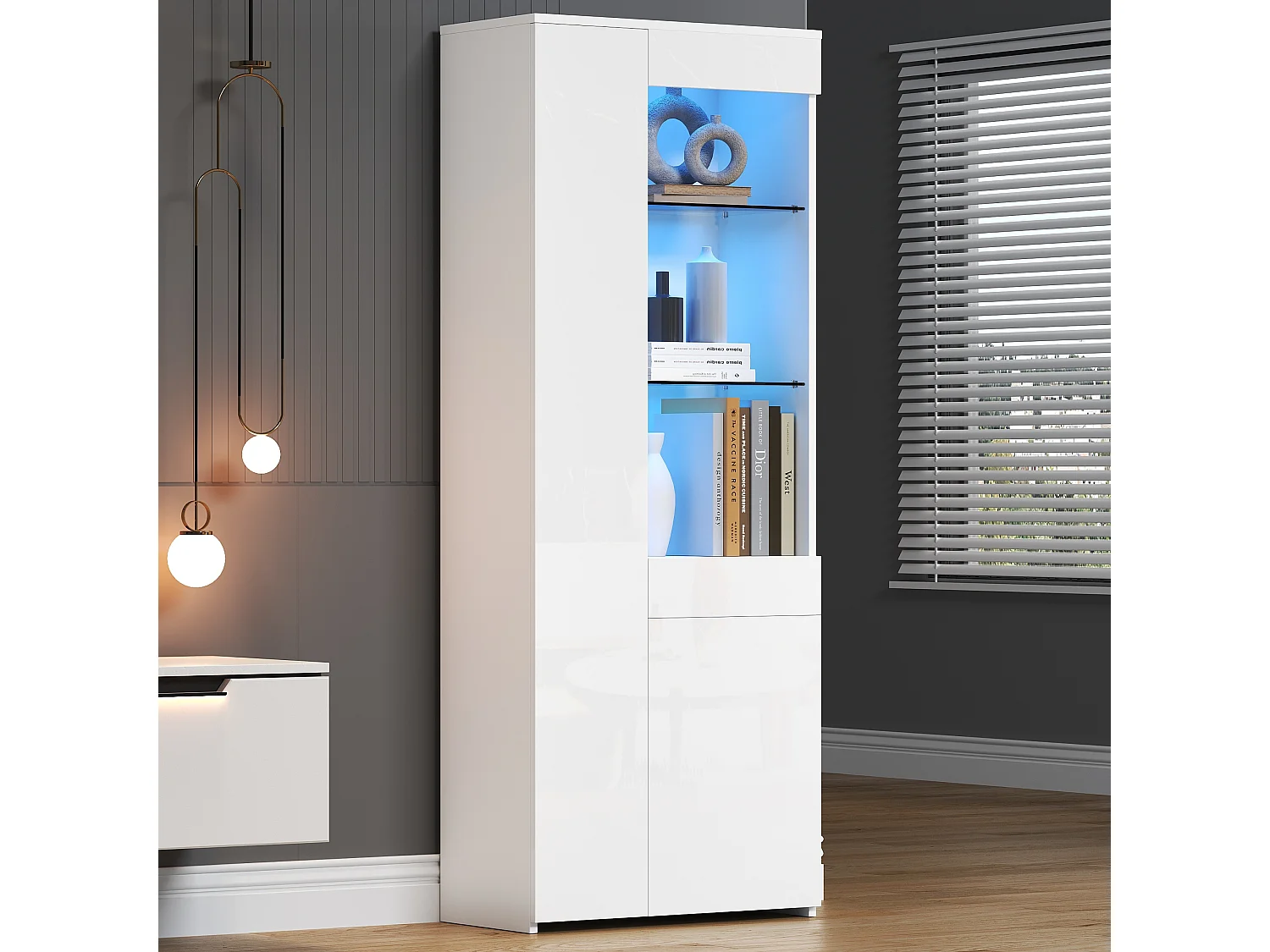 Hochglanzvitrine - 70 x 35 x 180 cm - mit 1 Schublade + 2 Türen + LEDs - Spanplatte - Weiß