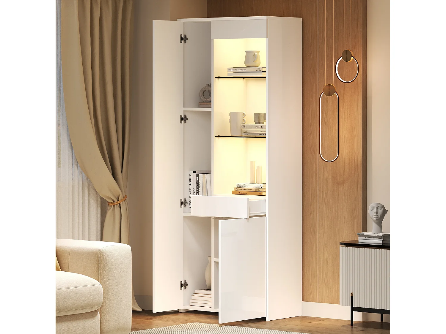 Hochglanzvitrine - 70 x 35 x 180 cm - mit 1 Schublade + 2 Türen + LEDs - Spanplatte - Weiß