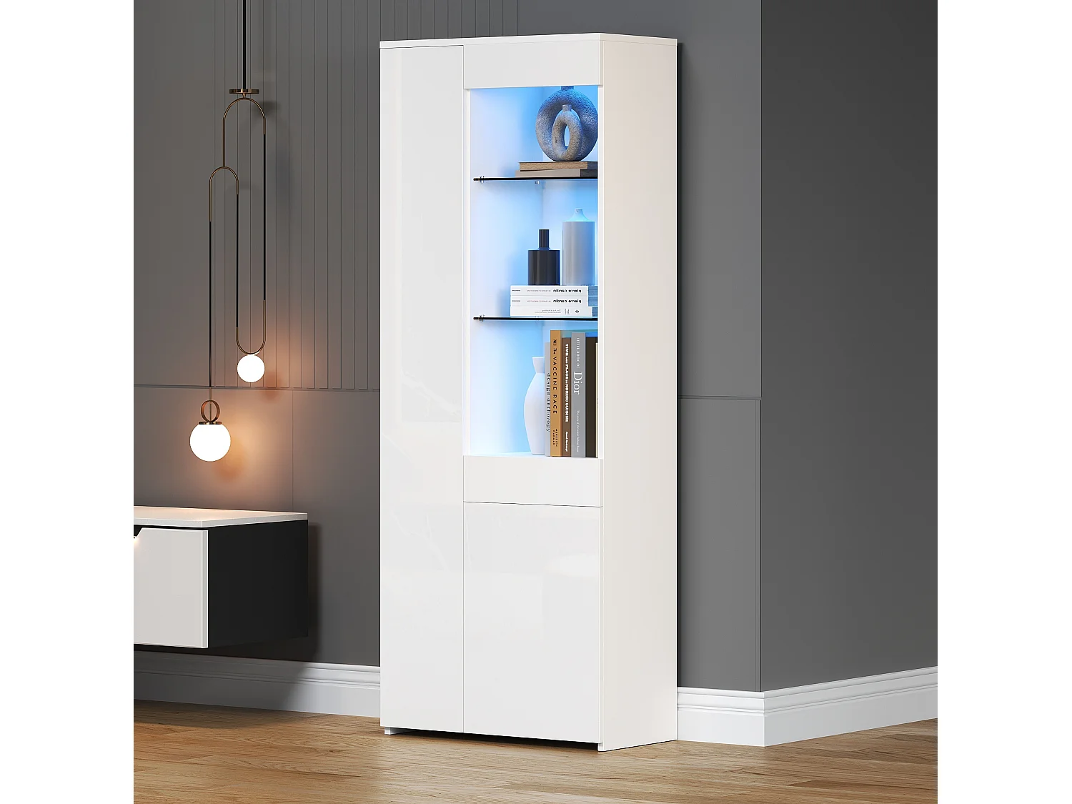 Hochglanzvitrine - 70 x 35 x 180 cm - mit 1 Schublade + 2 Türen + LEDs - Spanplatte - Weiß