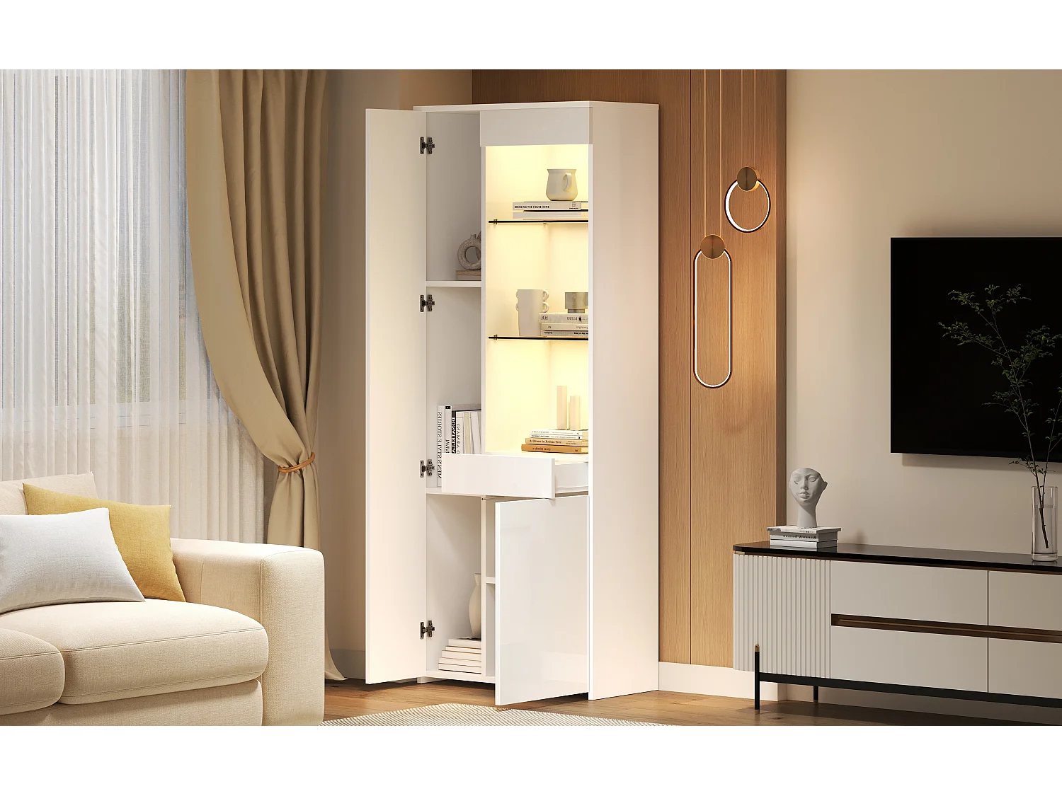 Hochglanzvitrine - 70 x 35 x 180 cm - mit 1 Schublade + 2 Türen + LEDs - Spanplatte - Weiß