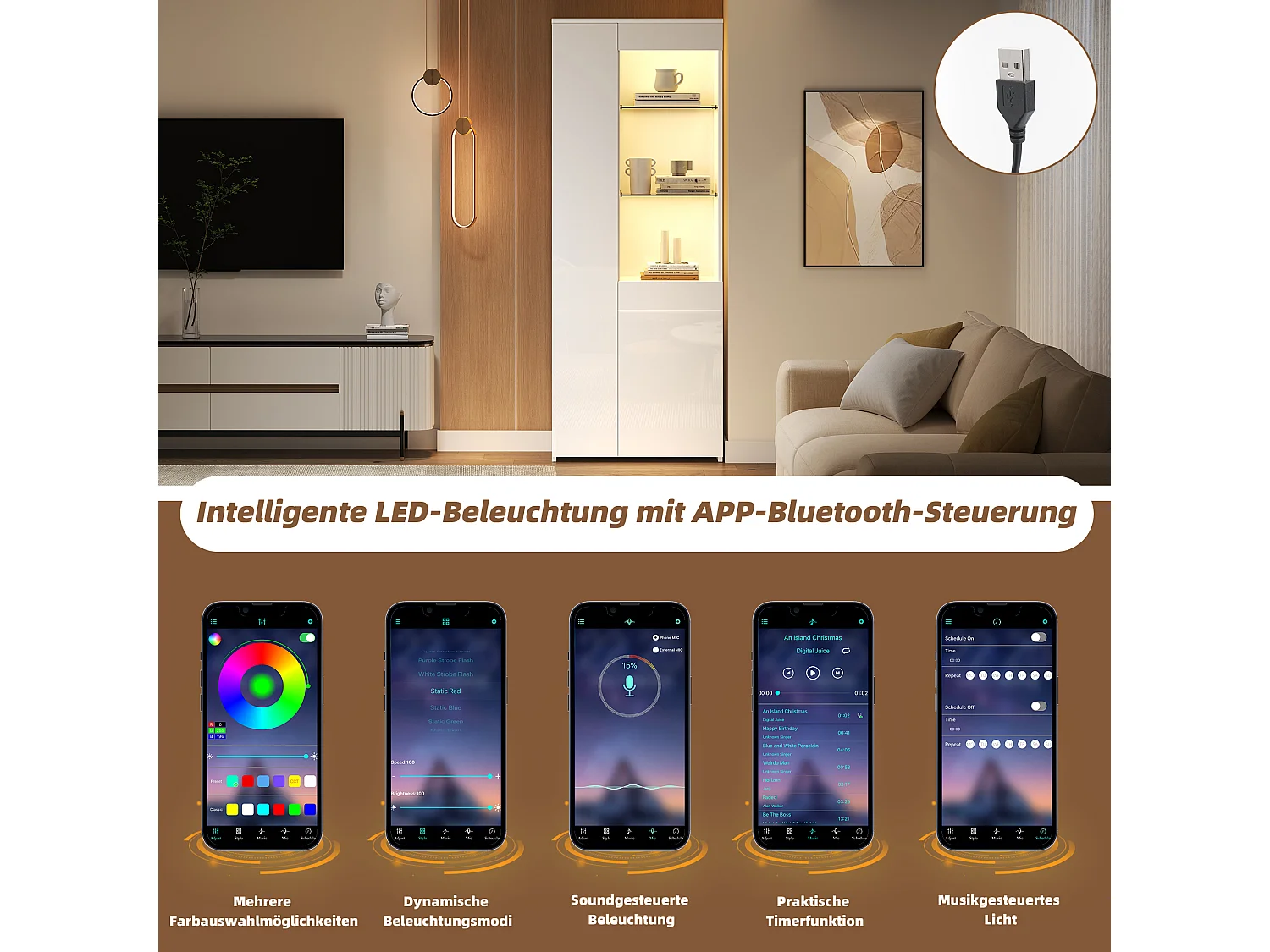 Hochglanzvitrine - 70 x 35 x 180 cm - mit 1 Schublade + 2 Türen + LEDs - Spanplatte - Weiß