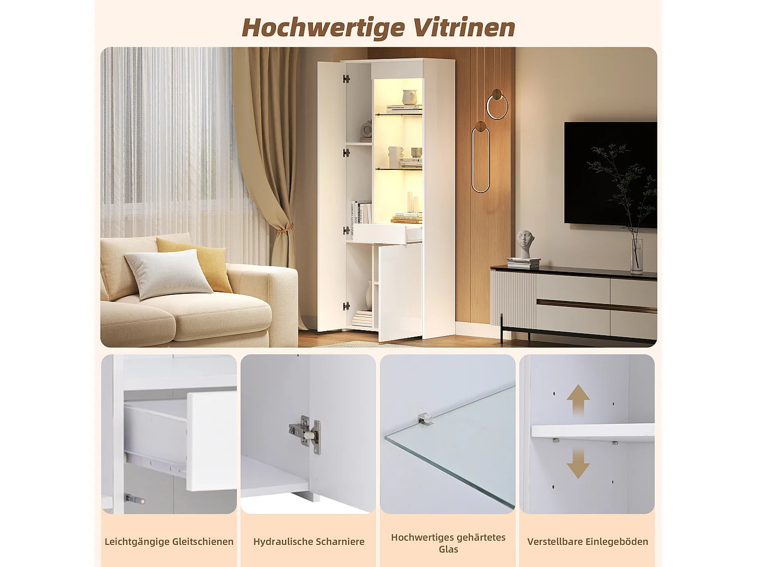 Hochglanzvitrine - 70 x 35 x 180 cm - mit 1 Schublade + 2 Türen + LEDs - Spanplatte - Weiß