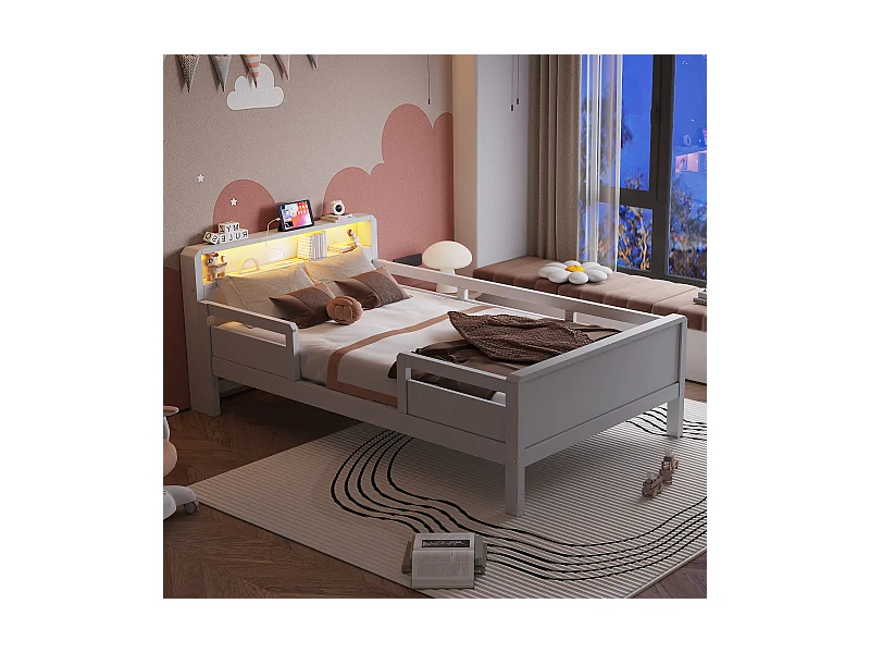 Cama infantil de madeira - 90 x 200 cm - com USB + LEDs - cabeceira com arrumação - madeira - branco