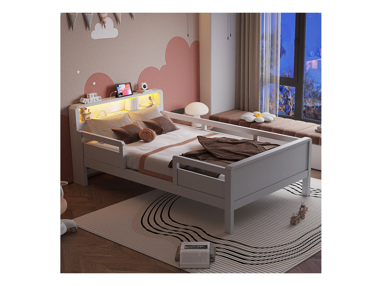 Lit en bois enfant - 90 x 200 cm - avec USB + Leds - tête de lit avec rangement - bois - blanc