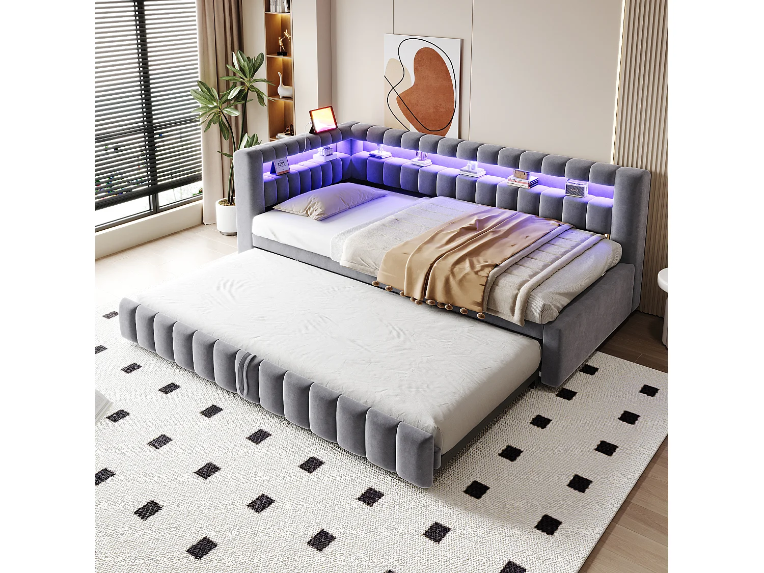 Sofá cama extraíble tapizado - 90/180 x 200 cm - con LED + cabecero + respaldo - terciopelo - gris